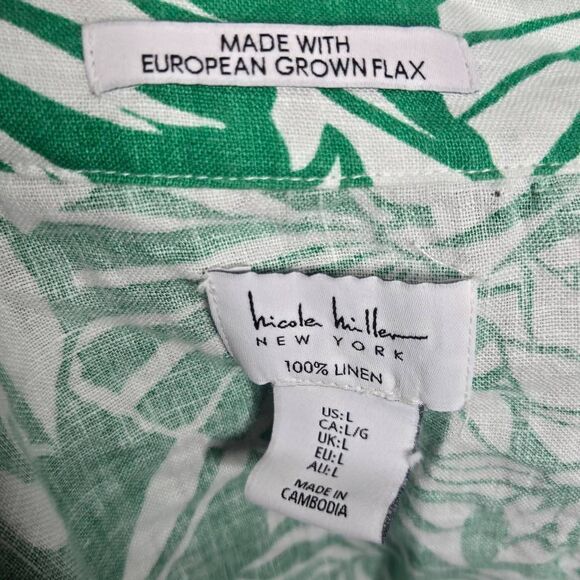 Nicole Miller 100% Linen Button-up Shirt Size Large Green White Tropical Beach V - Picture 5 of 5